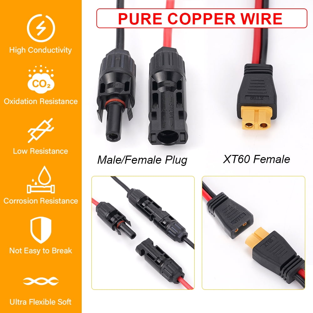 Hormy Solar to XT60 Charge Extension Cable 12AWG 20FT Solar Connector to XT60 Adapter Cable for Solar Panel RV Portable Power, IP67 Waterproof