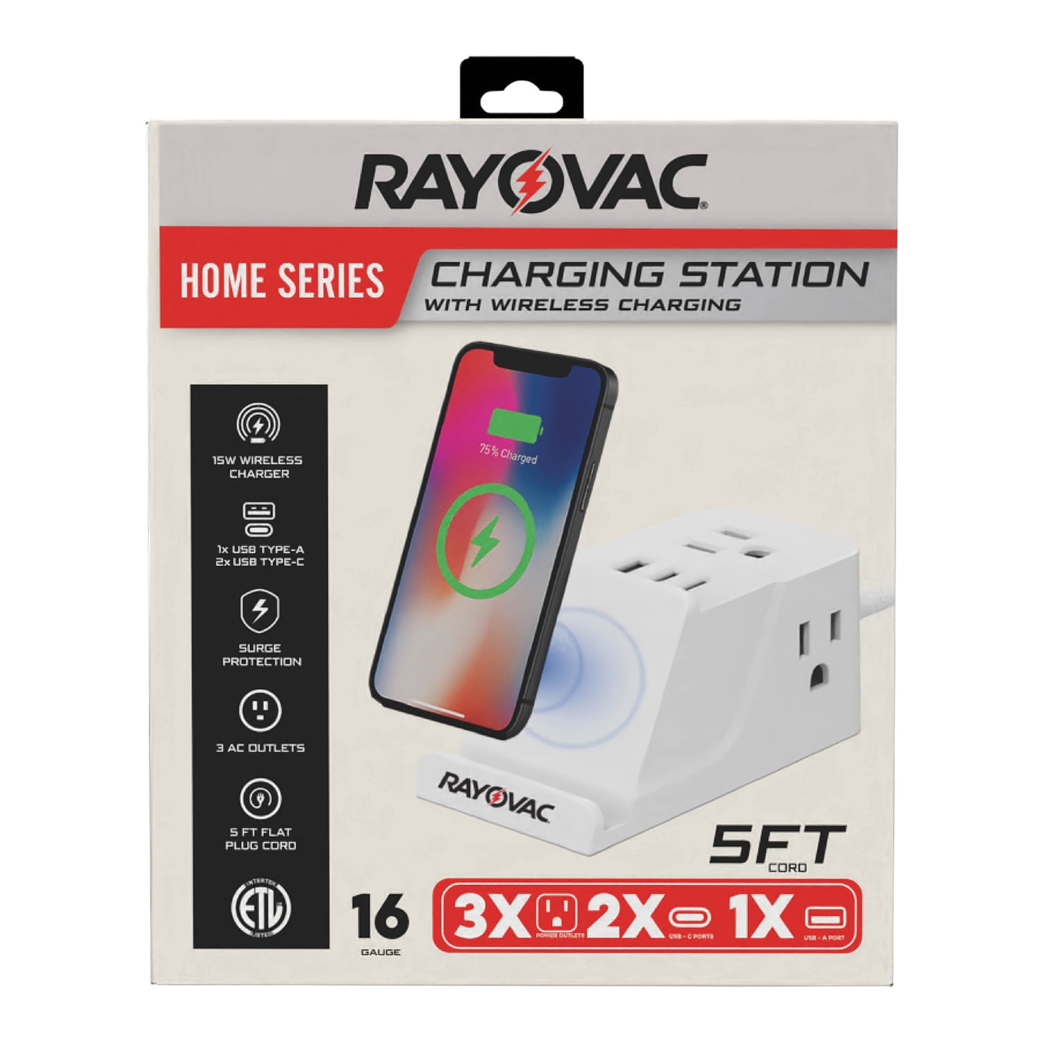 RAYOVAC Wireless Charging Station 3-AC Outlet 540-Joules Surge Protector with 1 USB-A and 2 USB-C Ports, 5-Ft. Cord