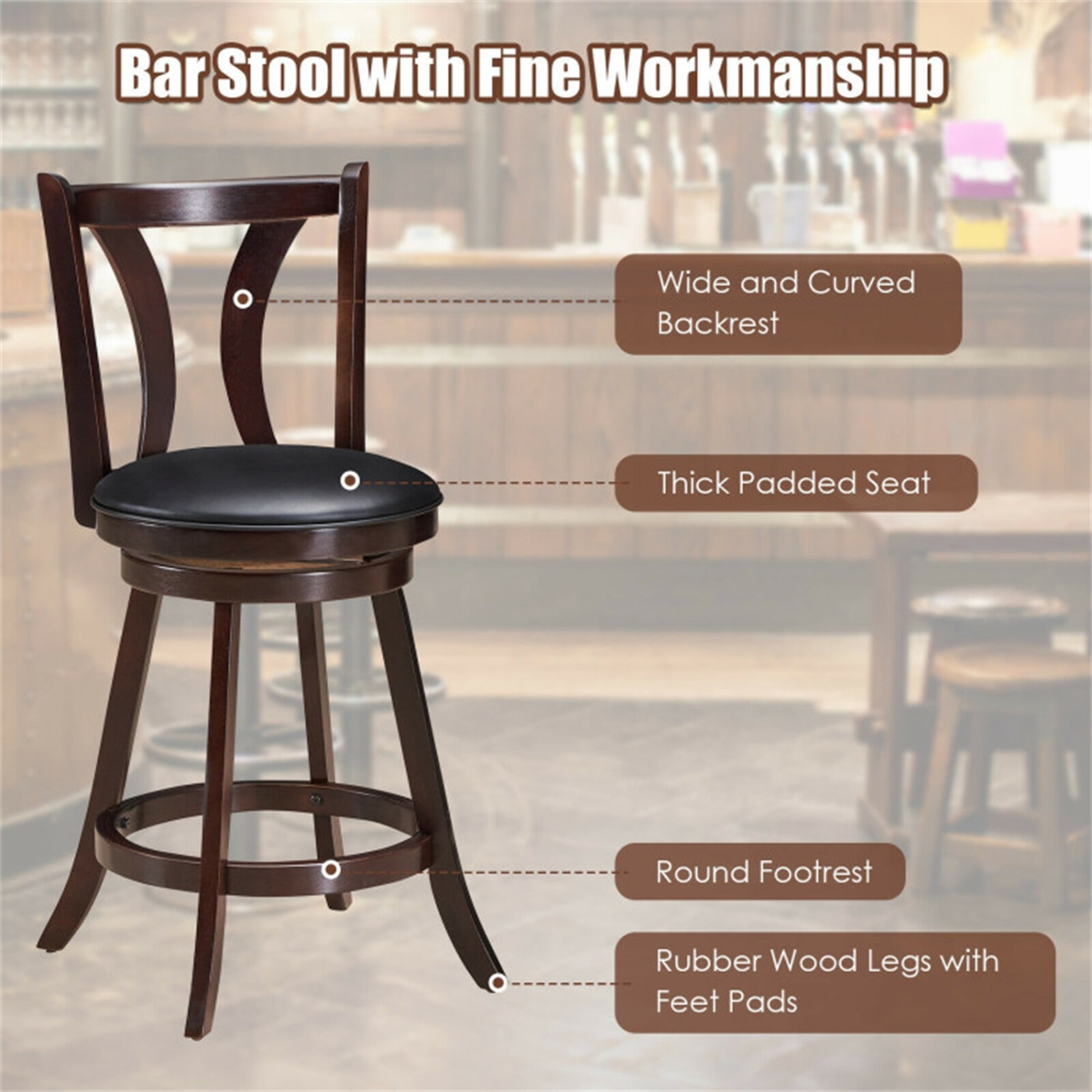 Demi Bonn 24" Set of 2 Swivel Counter-Height Bar Stools Chairs with Rubber Wood Legs, Modern Dining Chair with Backrests, Brown
