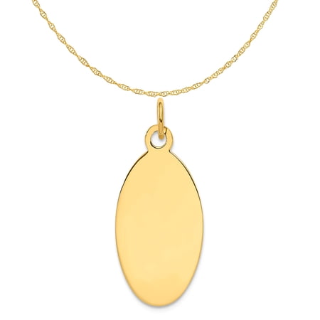 Carat in Karats 14K Yellow Gold Plain .013 Gauge Engravable Elliptical Disc Pendant Charm (30mm x 12mm) With 14K Yellow Gold Lightweight Rope Chain Necklace 18''