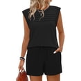 thumbnail image 6 of APEXFWDT Women's Summer 2 Piece Outfits Pleated Cap Neck Short Sleeve Top Shirt & Drawstring Shorts Set Loungewear, 6 of 8