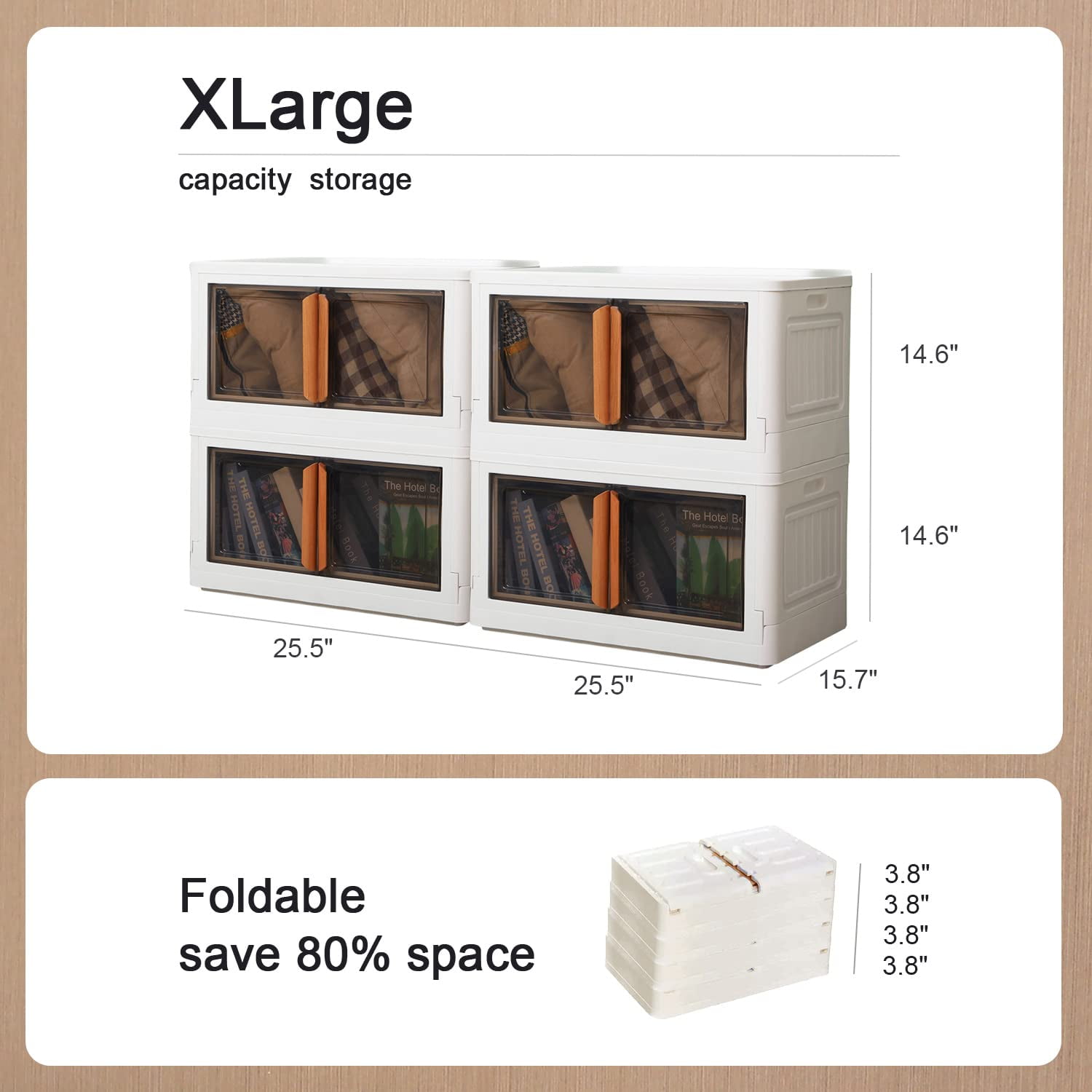 Karramlili Storage Bins with Lids - 11gal Stackable Plastic Storage Bins with Front Doors, 2 Packs Folding Storage Box Collapsible Stora, Tan