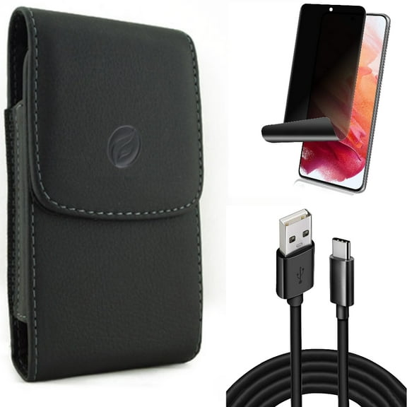 Case Belt Clip & Privacy Screen Protector & 10ft USB Cable for Samsung Galaxy S22 (6.1") - Leather Holster & TPU Film Fingerprint Works & Type-C Charger Cord Accessory Bundle