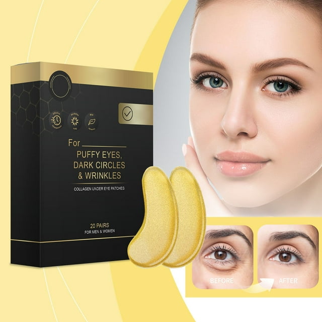 xihbxyly crema de veneno de abeja hidratante reafirmante con péptidos, crema antiedad que mejora la elasticidad para cuidado facial y corporal, montaje multicolor con estuche negro y dorado, dos parches en forma de media luna dorados en primer plano y recuadro comparativo de ojos antes y después que muestra reducción de ojeras y arrugas; también visible como opción para tratamientos localizados alrededor de los ojos.