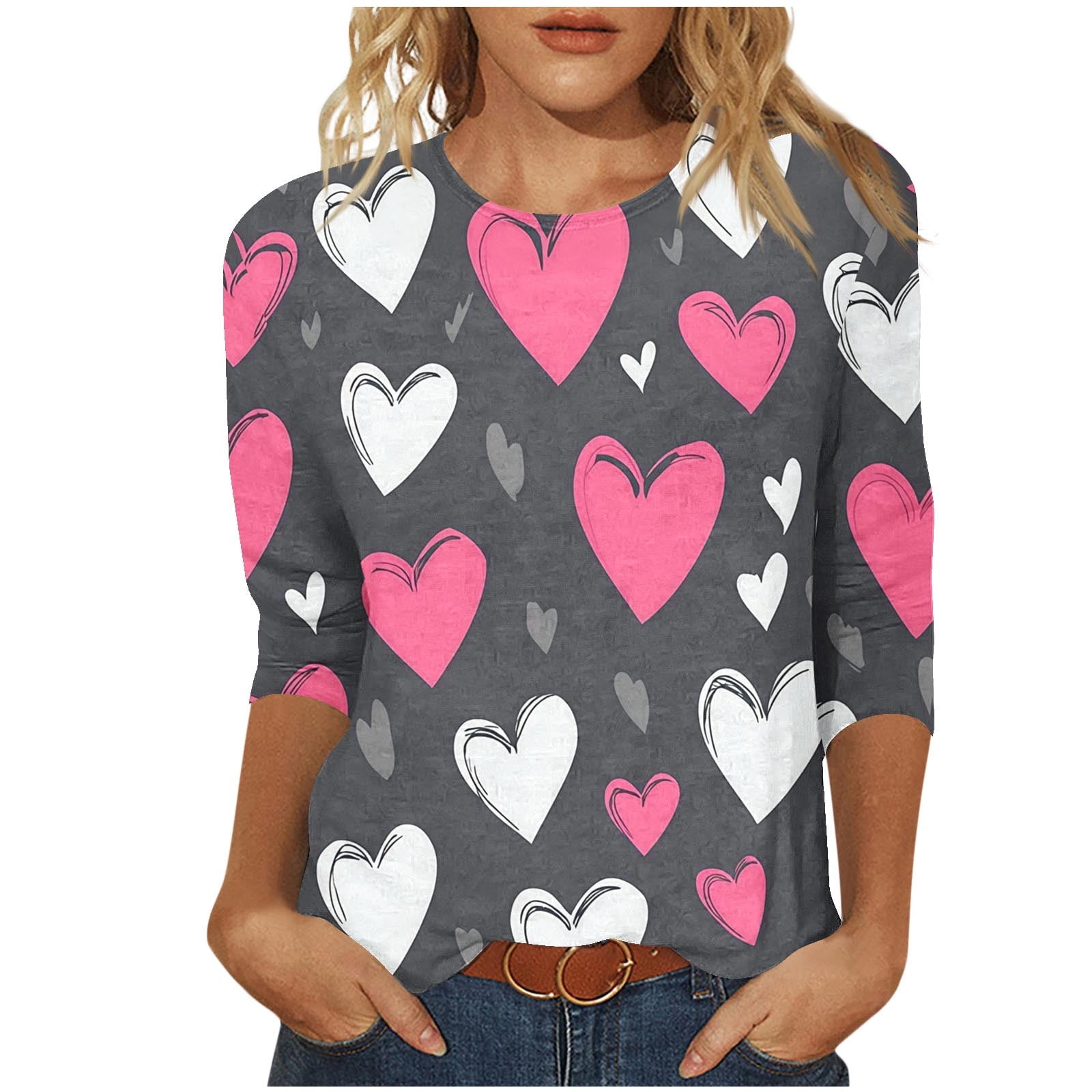 New Arrivals Women's 3/4 Sleeve Round Neck Blouse with Valentine Heart Print Fashion Tops My Items