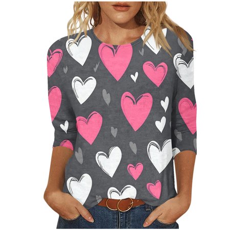 New Arrivals Women's 3/4 Sleeve Round Neck Blouse with Valentine Heart Print Fashion Tops My Items