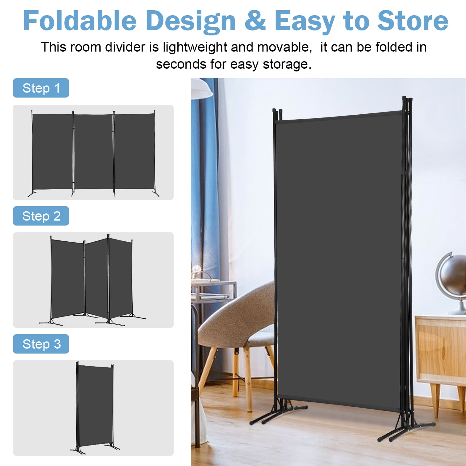 NiamVelo 3 Panel Room Divider Folding Partition Privacy Screens 5.9FT Portable Room Partition with Metal Frame Walls Dividers for Home Office Hospital 102" W x 70" H, Grey