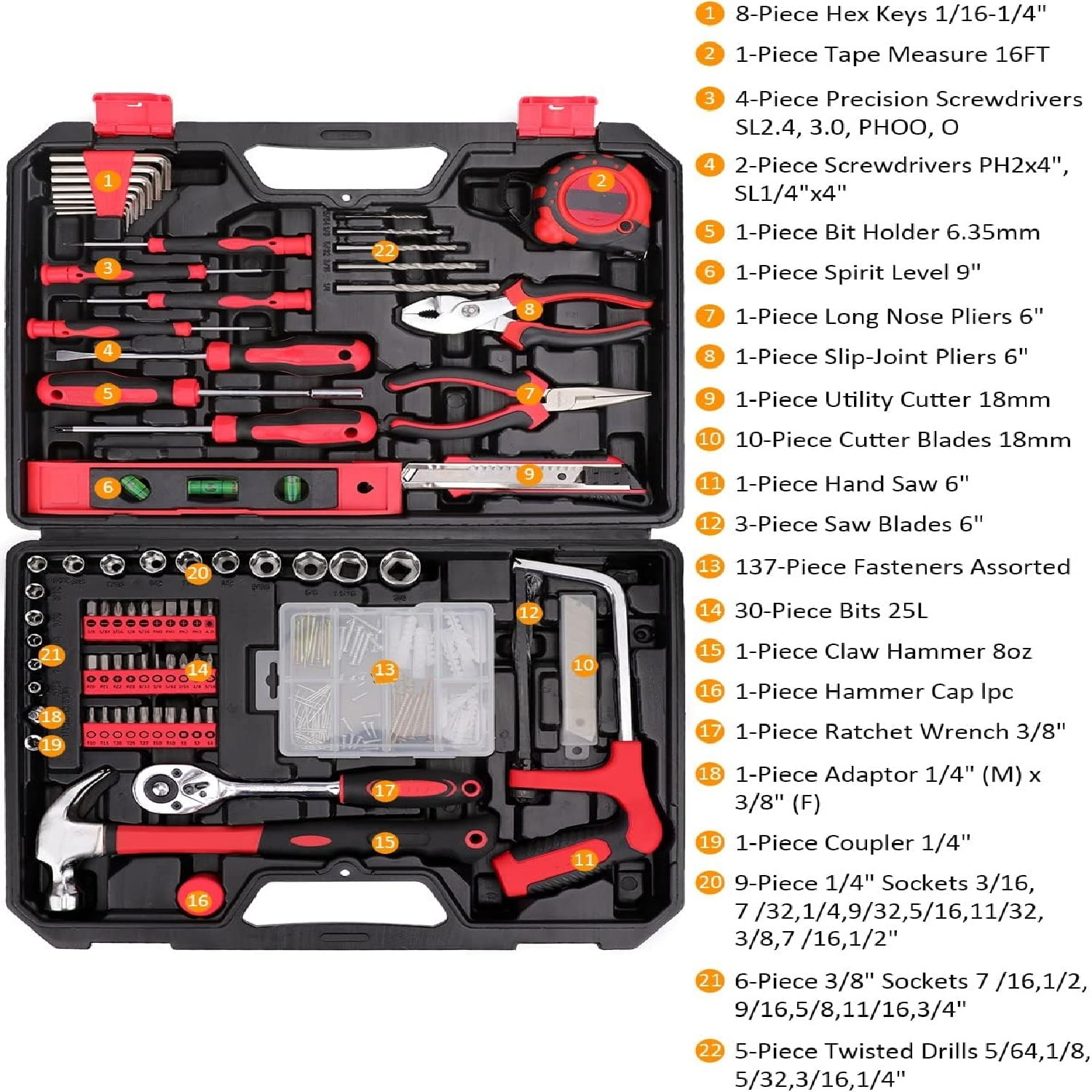 Home Repair Tool Kit - 226 Piece General Home/Auto Repair Tool Set, General Mechanic Tool Set, General Household Tool Kit, Perfect for Homeowner, Diyer, Handyman