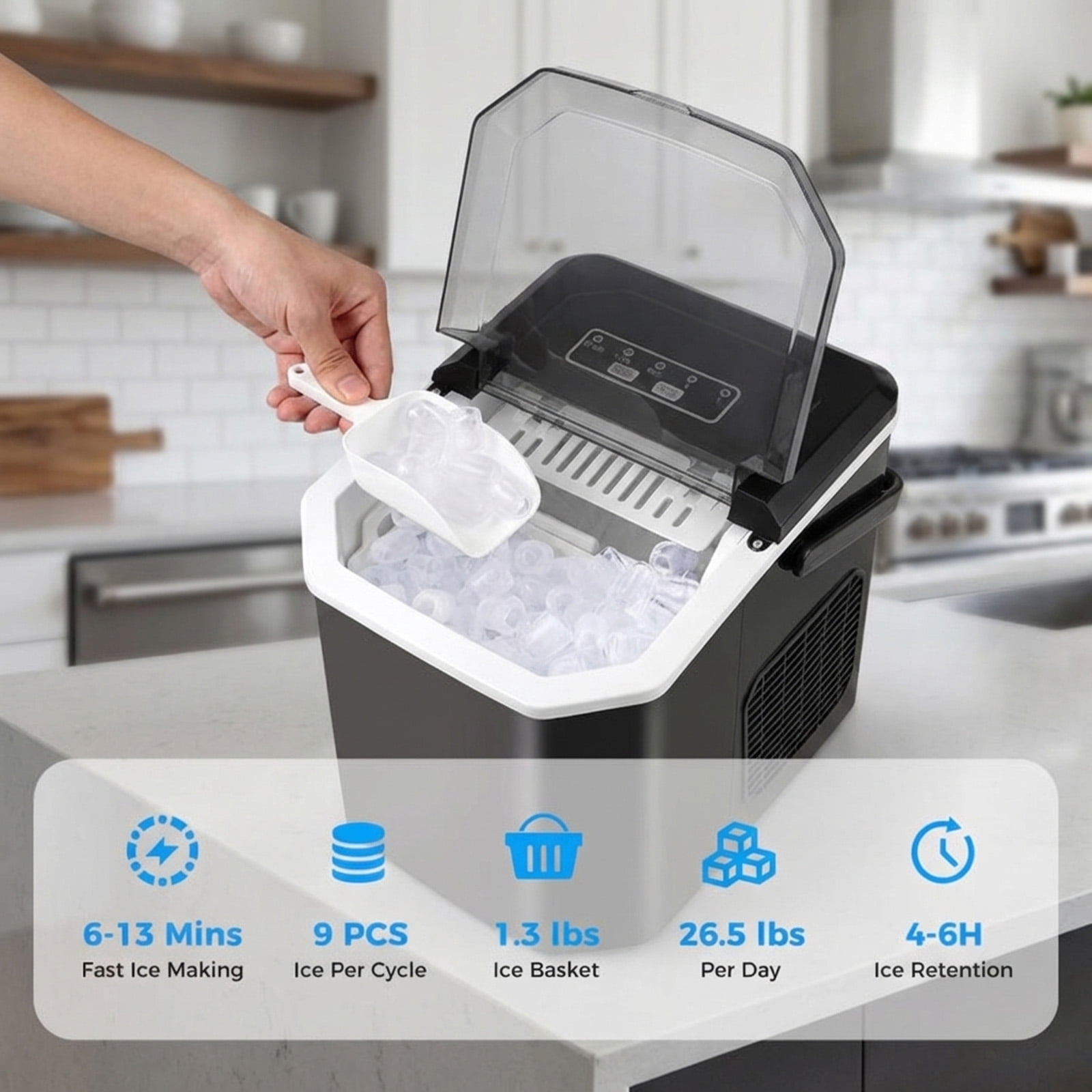 RUIE Countertop Ice Maker,Portable Ice Machine with 26.5 Lbs/Day Production and Self-Cleaning,2 Ice Sizes,One-Button Start,Bullet Ice Maker for Home Kitchen Office Party