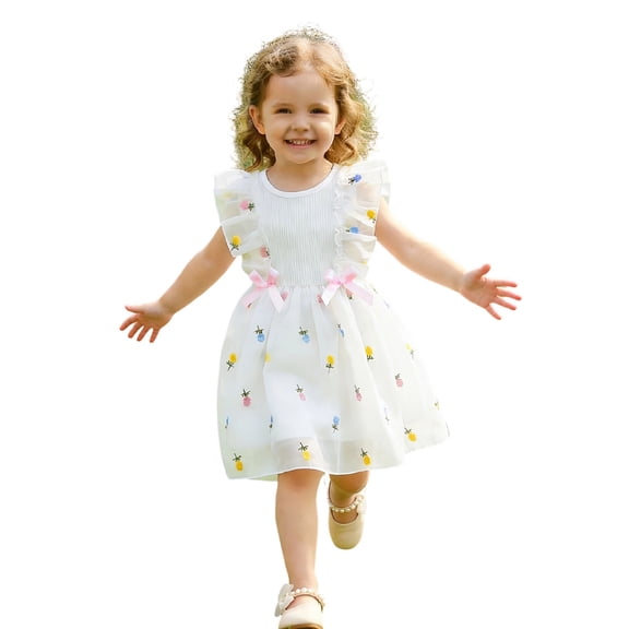 MEZZALL Girls Summer Dress With Flutter Sleeves And Skirt Breathable Party Dress For Toddler And Kids O-Neck Lovely Dresses