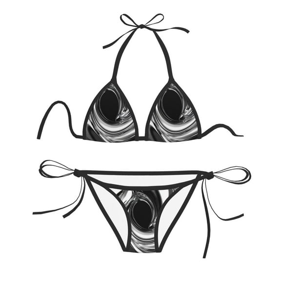 Women Two Piece Swimsuit Sexy Swimwear Halter String Triangle Bikini Sets - Silver Chrome Spiral Template (3)