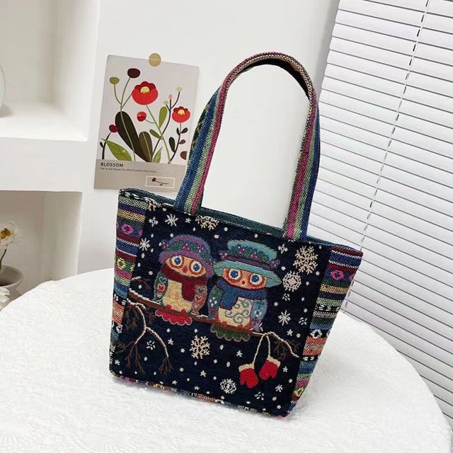 Bolso de punto bordado étnico vintage, bolso de hombro de gran capacidad, bolso de tela portátil para llevar en la mano