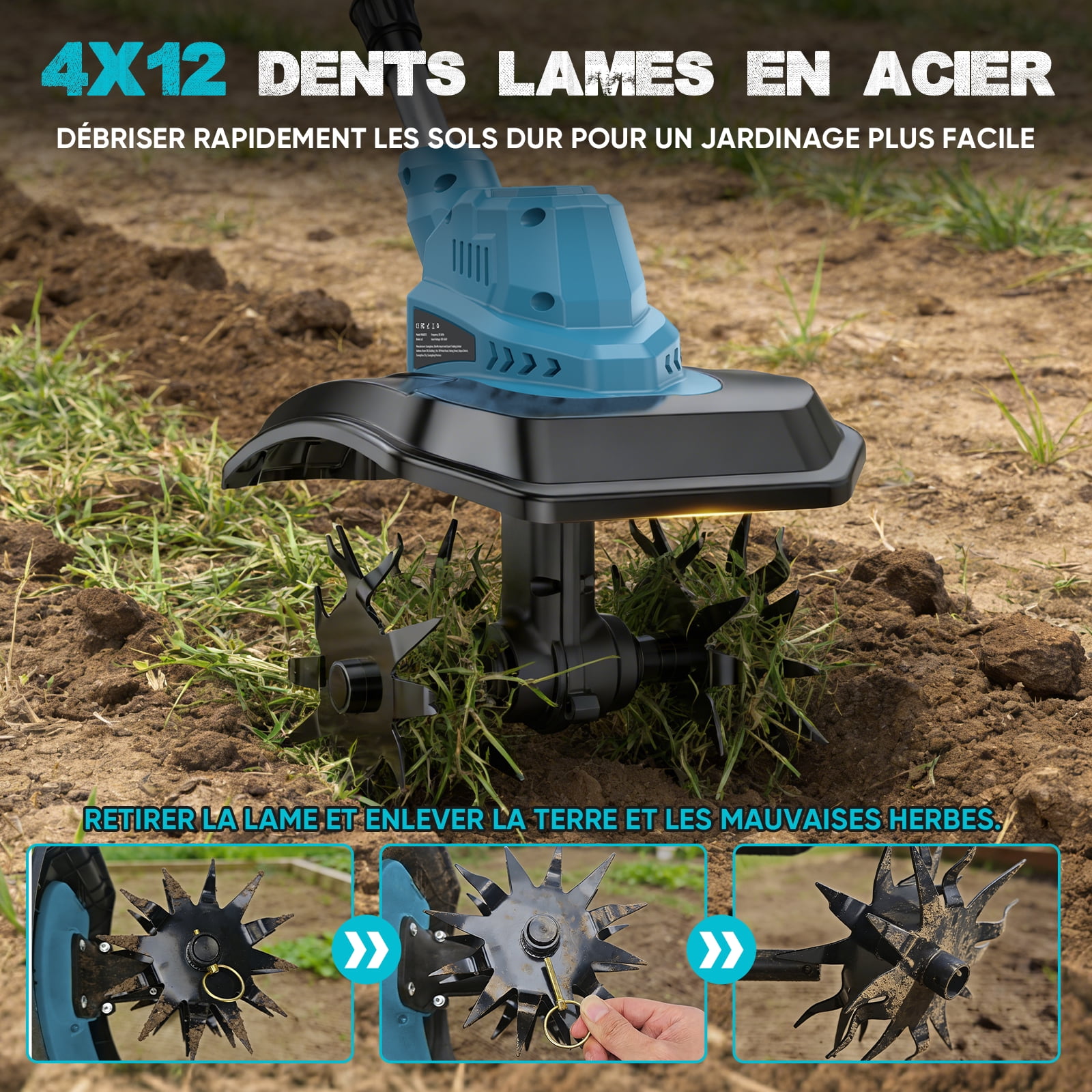 Gisam Cordless Tiller Cultivator, Electric Rototiller with 2x4.0Ah Battery and Charger, 9-inch Width 8.3-Inch Depth, Adjustable Foldable Handle, LED Power Display for Garden Soil Cultivation