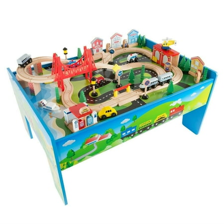 Kids Toys Play 75 Pc Train Set Wooden Table 32 x 23 x 15 Roads Scene Toddlers