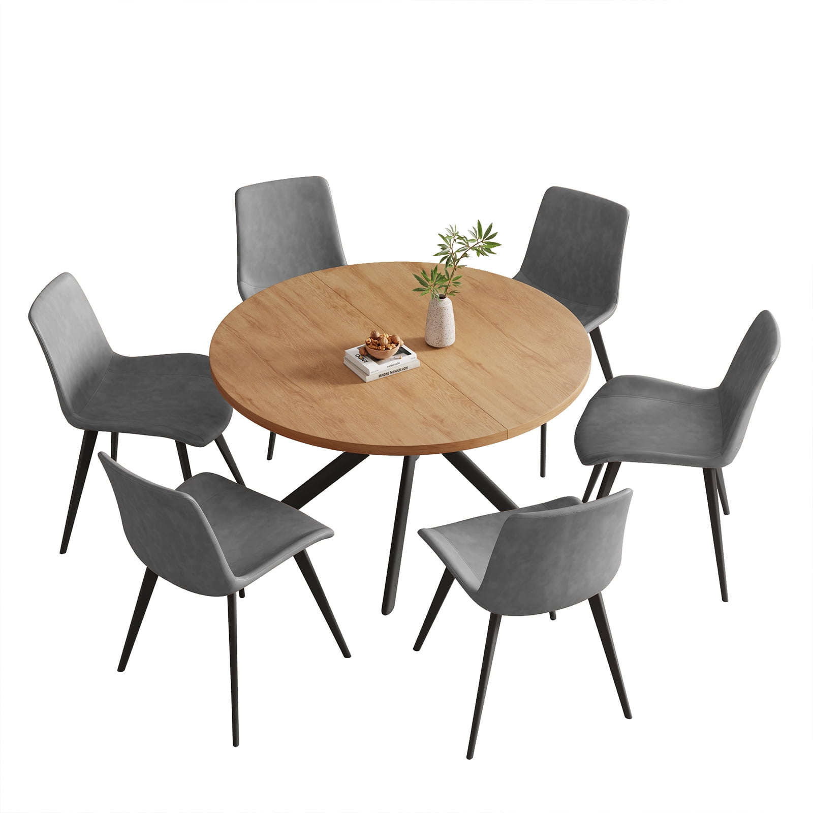 jiexi 45.3" Round Dining Table Set, Mid Century Modern Round Dining Table for 6 Person, with Steel Legs, Coffee Table for Kitchen Dining Room, Office, Save Space