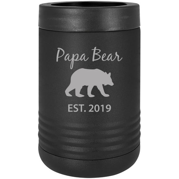 Papa Bear Est. 2019 Stainless Steel Engraved Insulated Beer Beverage Holder Can Cooler, Black
