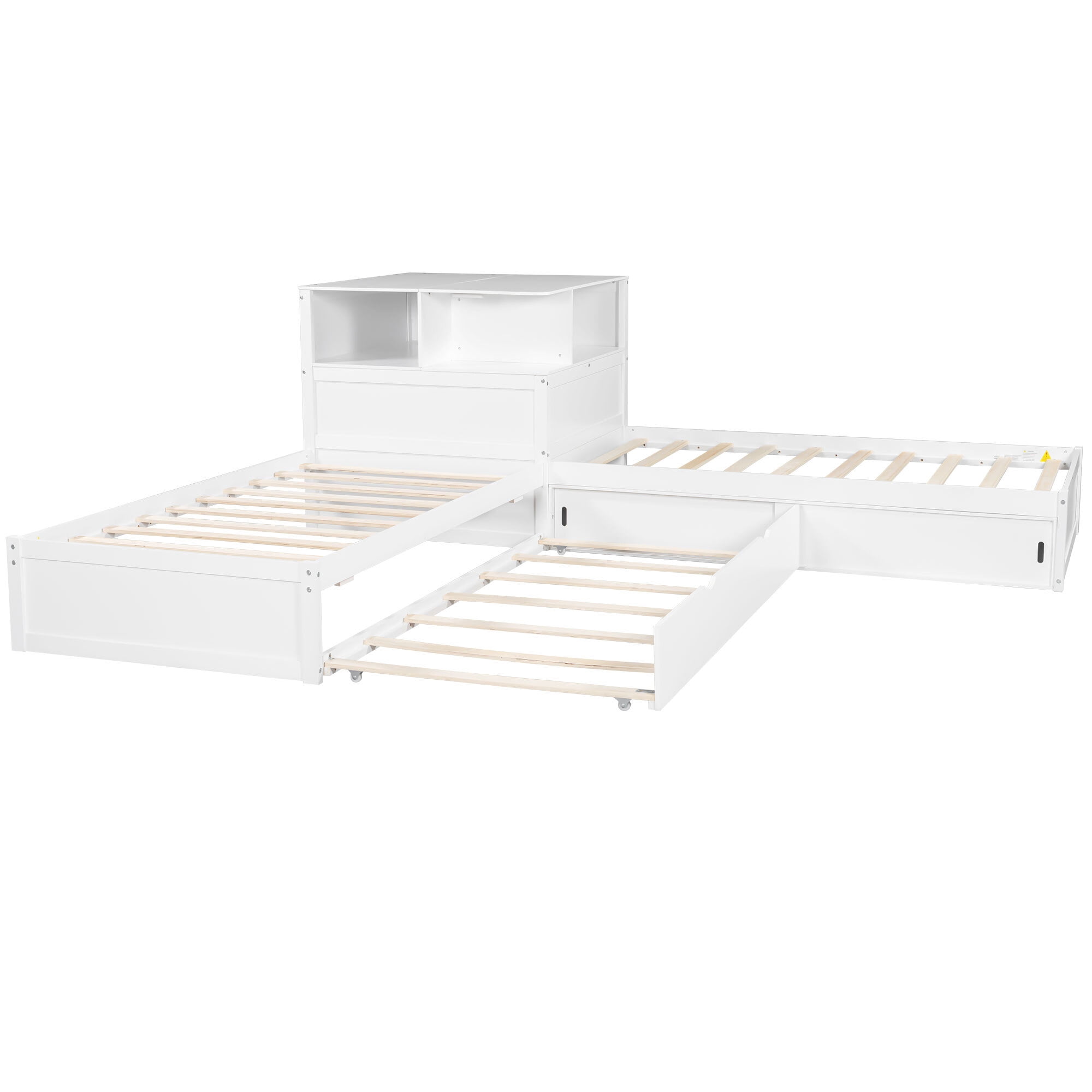 Euroco Pine Wood L-Shaped Twin Platform Bed with Storage Desk, Cabinets, Trundle and LED Light for Kids Teens, White