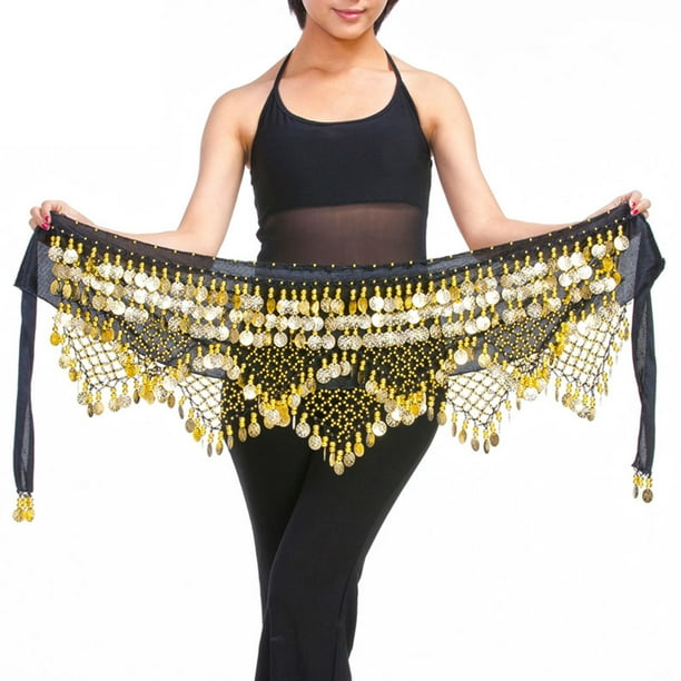 Women's Skirt Bellydance Hip Scarf With Coins Skirts Wrap Noisy(Black Gold,  Free Size) 