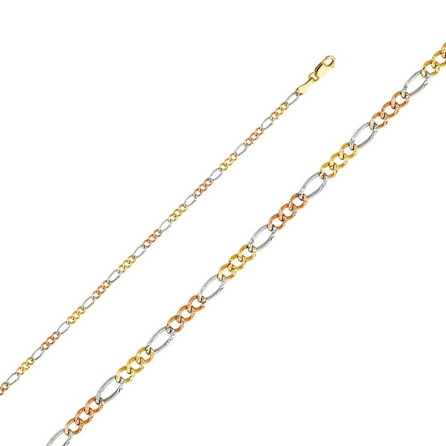 Precious Stars 14K Tricolore Or 2,6 Mm Régulier Concave 3 + 1 Figaro Chaîne