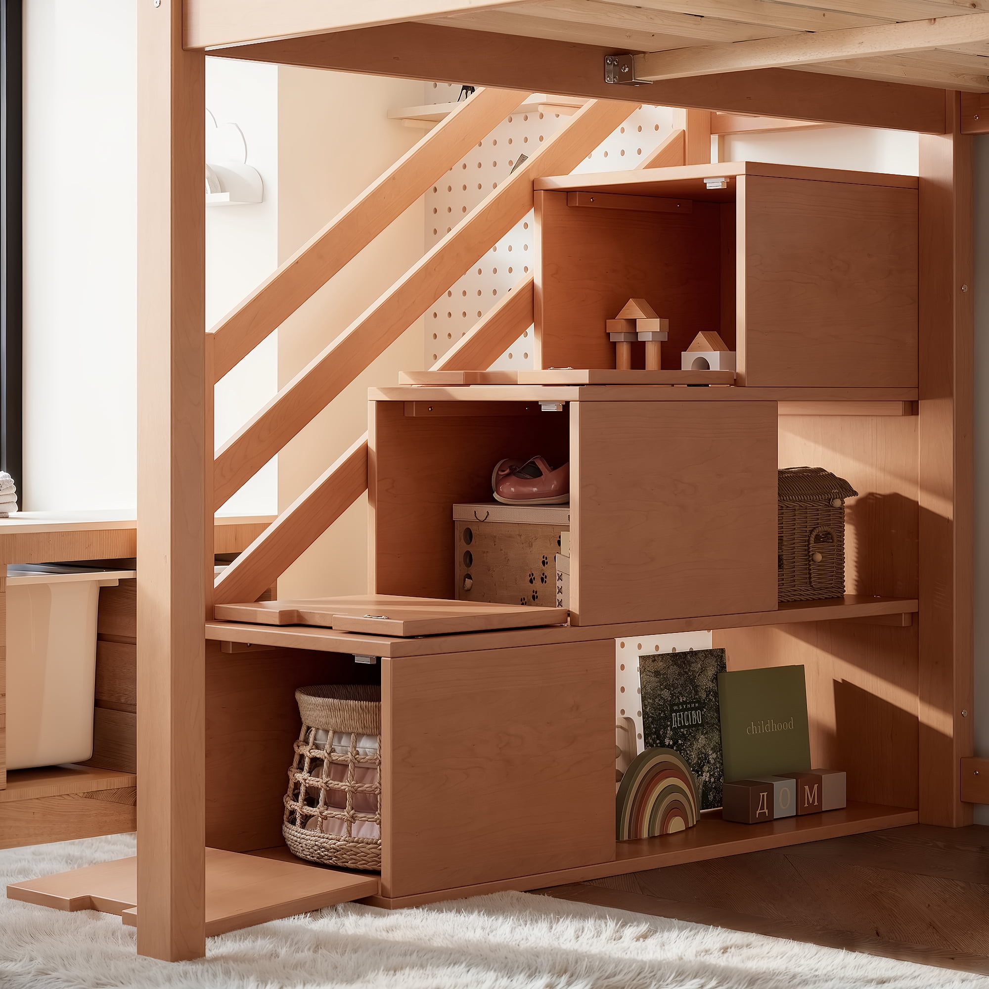 Leumius Full Loft Bed with Storage Stairs, Slide & Built-in Wardrobe, Stylish High Guardrail, Wood Loft Bed Frame for Bedroom,Dorms,Guests Walnut