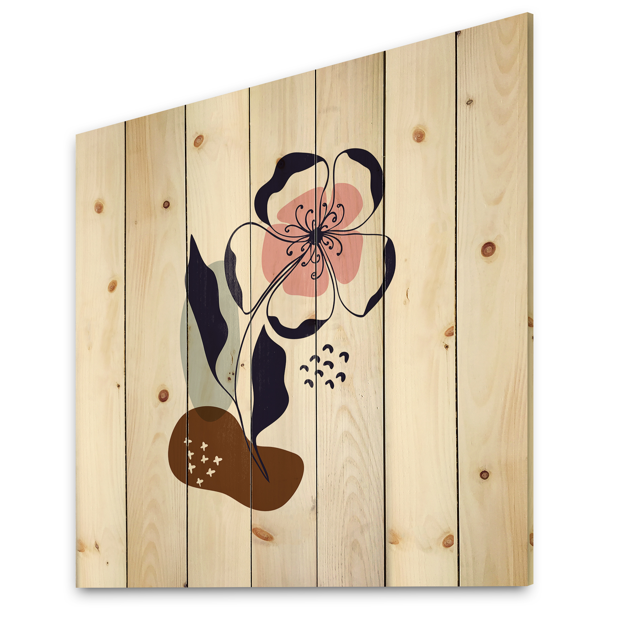 Designart 'Abstract Minimal Shapes Under Flowers IV' Modern Print on Natural Pine Wood