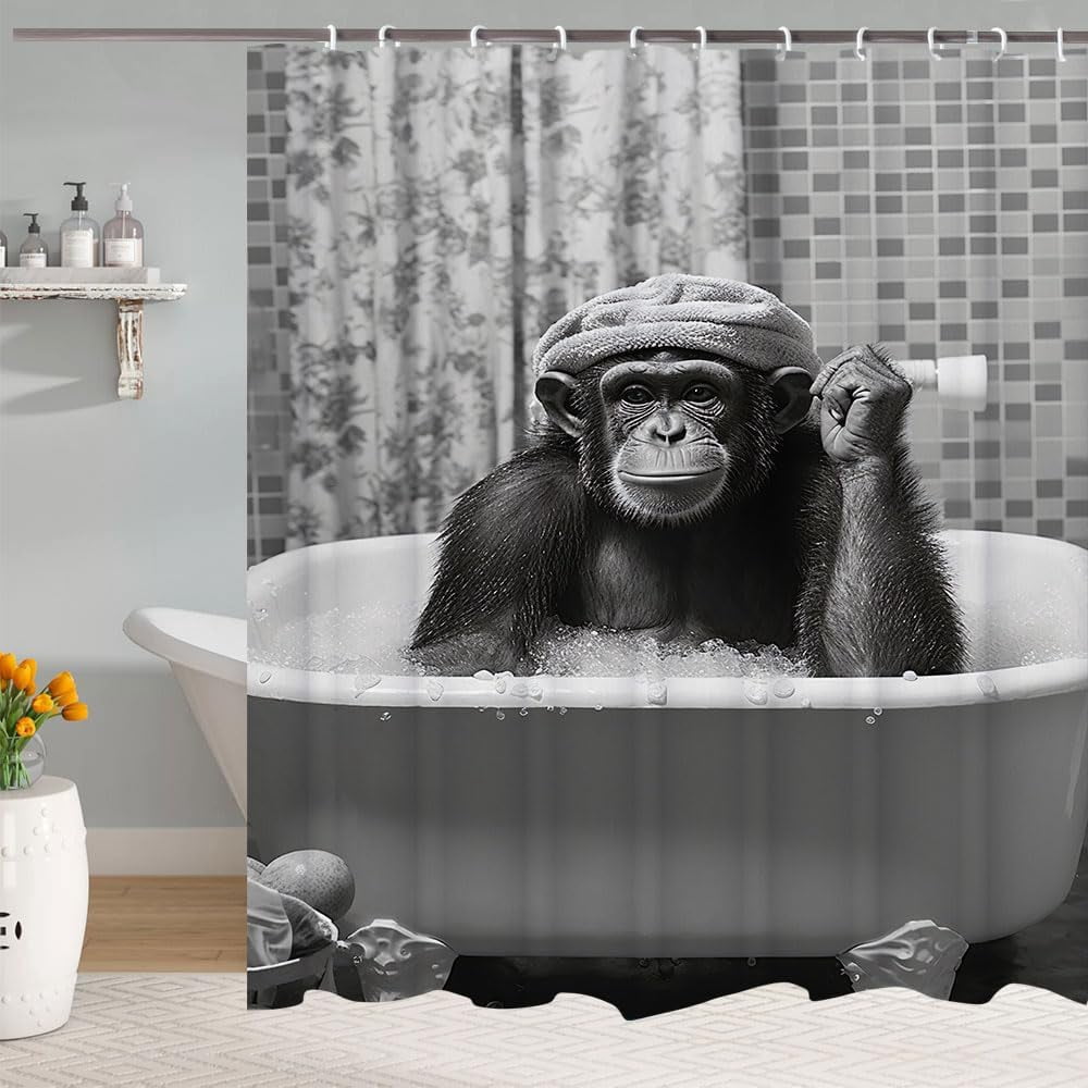 Funny Monkey Shower Curtain, Black and White Fun Animal in Bathtub, 72x72 Humorous Shower Curtain Set, Gray Style Bathroom Decor Curtain with Shower Hooks 36X72inches