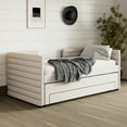 thumbnail image 3 of Twin Size Upholstered Daybed with Trundle and 3 Storage Drawers, Short-haired Linen Fabric Sofa Bed for Guest Room, Living Room, Space-Saving Modern Day Bed Frame, 3 of 7