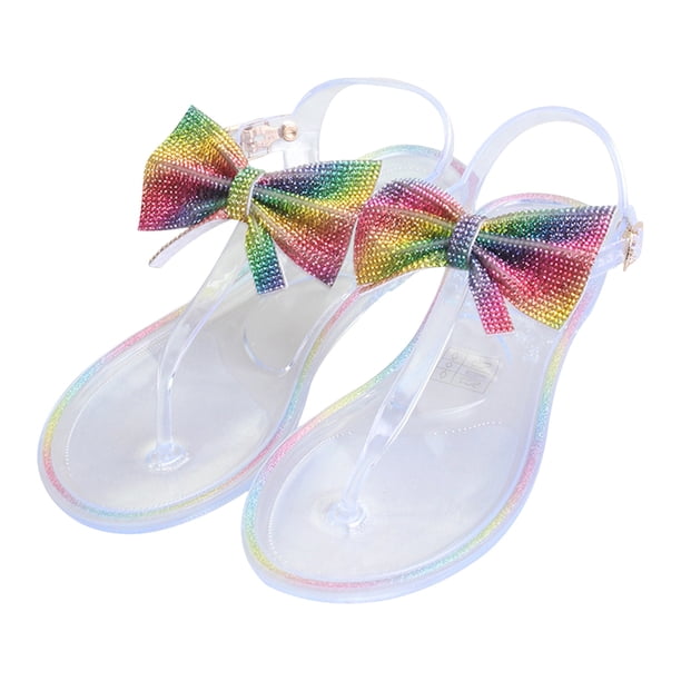 Bmisegm Ladies Summer Rhinestone Bow Jelly Clip Toe Beach Large Size Flat Transparent Sandals Womens Sandals Summer Clear 9