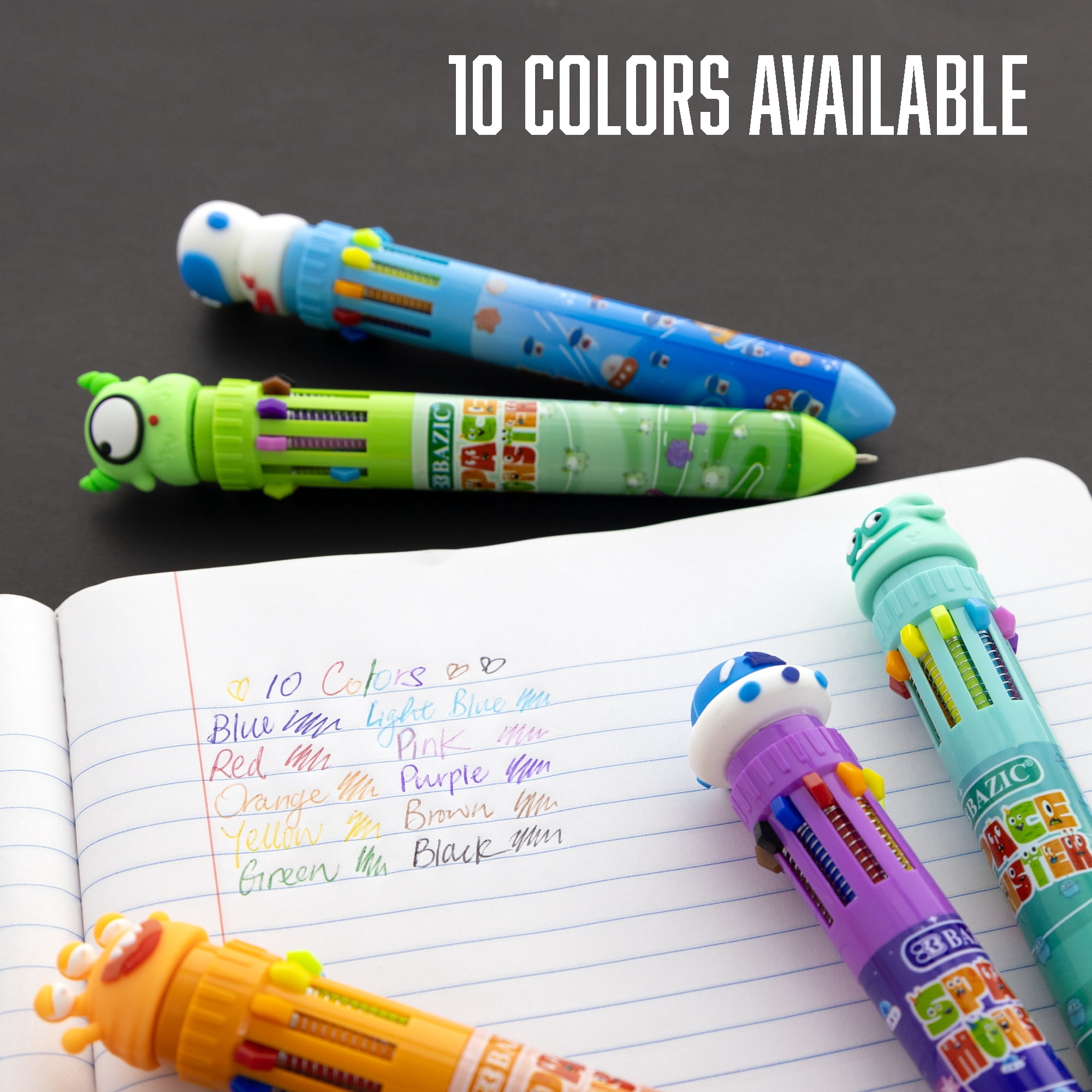 BAZIC 10-Color Ballpoint Pen, 1.0mm Bold Point, Monster Series, Retractable Multicolor Pen, 24-Packs