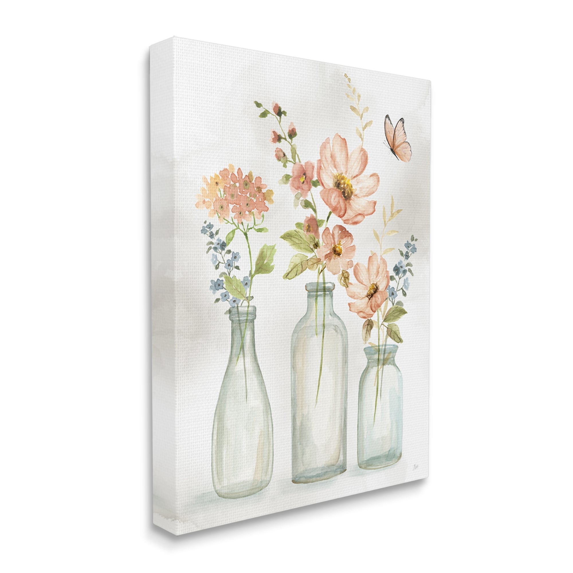 Stupell Pink Flowers Fluttering Butterfly Botanical & Floral Painting Gallery Wrapped Canvas Print Wall Art