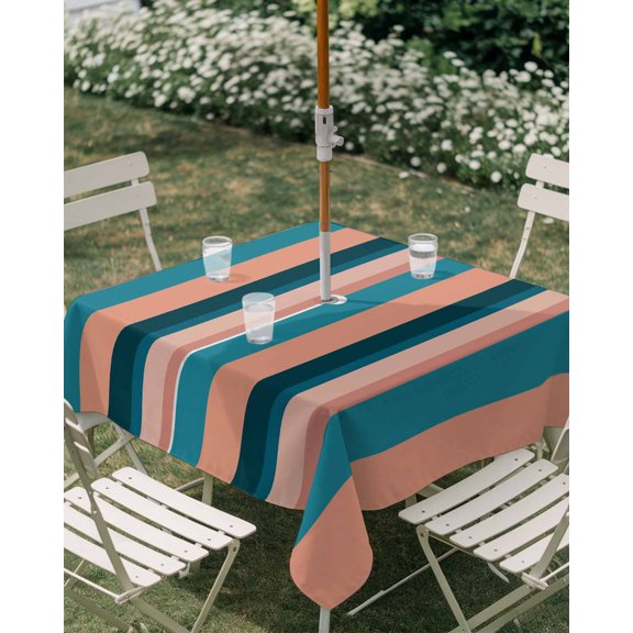 Outdoor Tablecloth with Umbrella Hole, Light Blue Pink Stripes Zippered Table Cloth for Rectangle Tables, Geometric Vertical Striped Washable Waterproof Tablecloths for Picnic Patio Garden