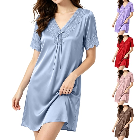 YUANxueke Short Sleeve Padded Nightgown for Women Lace Trim V Neck Nightshirts Silky Soft Loungewear Sleepdress