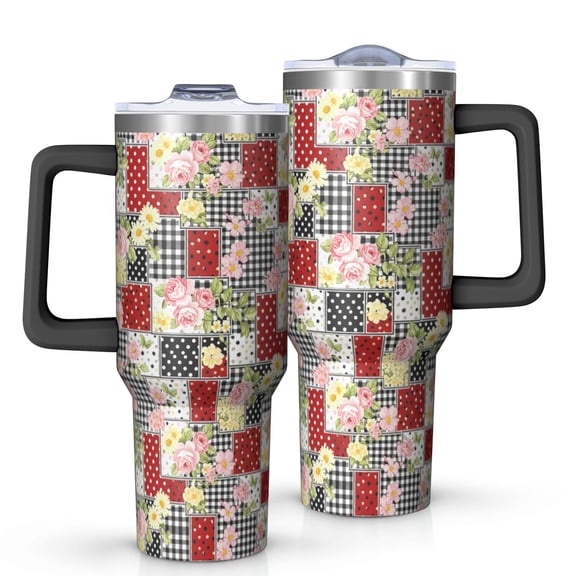 40oz Pioneer Flower Floral Print Pattern Insulated Tumbler with Handle, BPA-Free Leak Proof Lid and Straws, Double Wall Vacuum, Hot 12h/Cold 34h