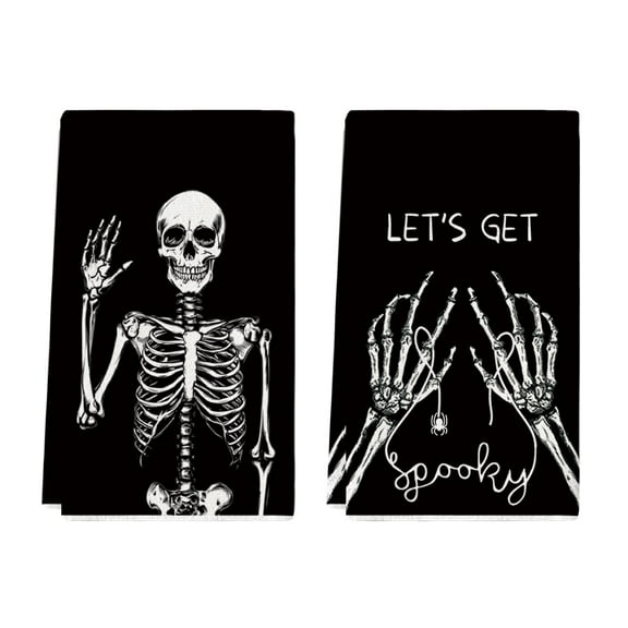 Sm:)e Spooky Skeleton Spider Bone Day of the Dead Kitchen Dish Towels Set of 2, 18x26 Inch