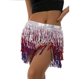 Zando Sequin Fringe Skirts for Women Tassel Wrap Belly Dance Skirt Sparkly  Hip Scarf Glitter Rave Outfits Costume Festival Red 