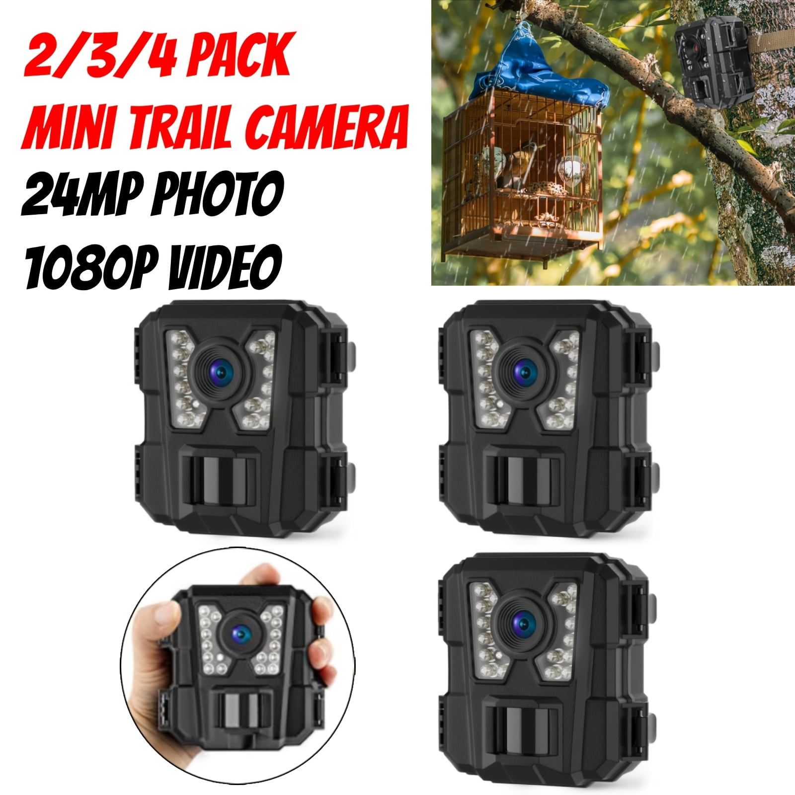 4 Pack Mini Trail Camera, 24MP 1080P Game Camera with Night Vision Motion Activated Waterproof IP54, Hunting Deer Camera for Home Security Outdoor Wildlife, 3/2 Pack