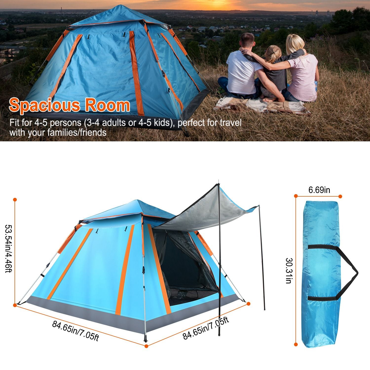 4-5 Person Camping Tent Foldable Waterproof Outdoor Tent with 2 Mosquito Net Windows Aluminum Pole & Oxford Fabric for Hiking Fishing Adventure