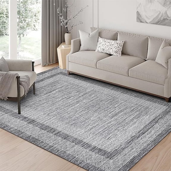 Modern Living Room Rug 8x10 Thin Washable Rug Non Slip, Low Pile Foldable Mat, Soft Non Shedding Indoor Accent Carpet for Bedroom, Grey