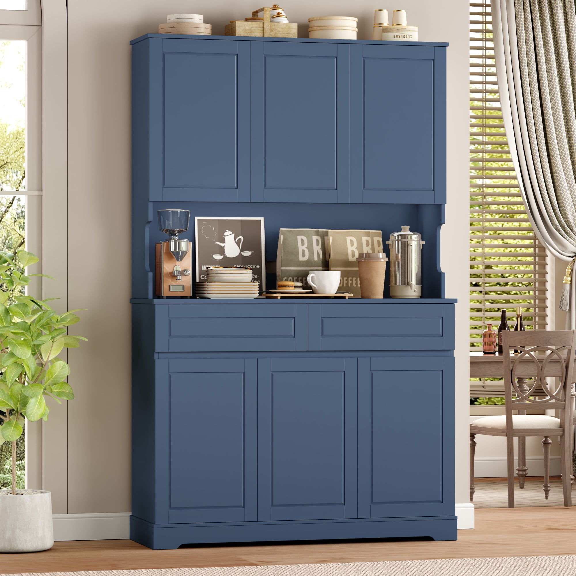 Homfa 73.8”H Pantry Cabinet with 6 Doors and 2 Drawers, Microwave Stand Storage Cabinet with Grooved Handles and Adjustable Shelf for Kitchen Dining Room, Deep Blue