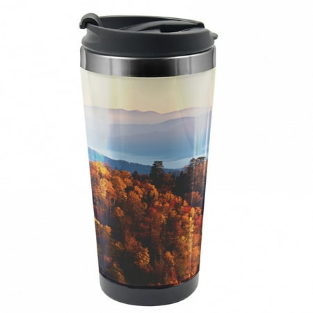 

National Parks Travel Mug Sunrise Mountains Steel Thermal Cup 16 oz by Ambesonne