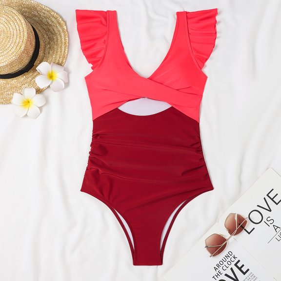 Women's Ruffled One Piece Swimsuits V Neck Tummy Control Cutout High Waisted Bathing Suit, Limited Time Offer, Under 10 Dollars