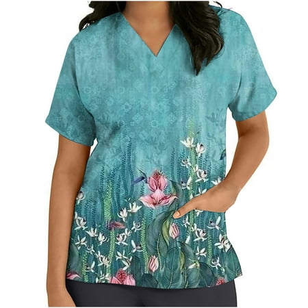 

FAFWYP Plus Size Scrubs for Women Womens Scrubs Tops Summer Floral Print Nurse Short Sleeve V Neck Workwear Heart Print Working Uniform Blouse Medical Scrubs With Pockets