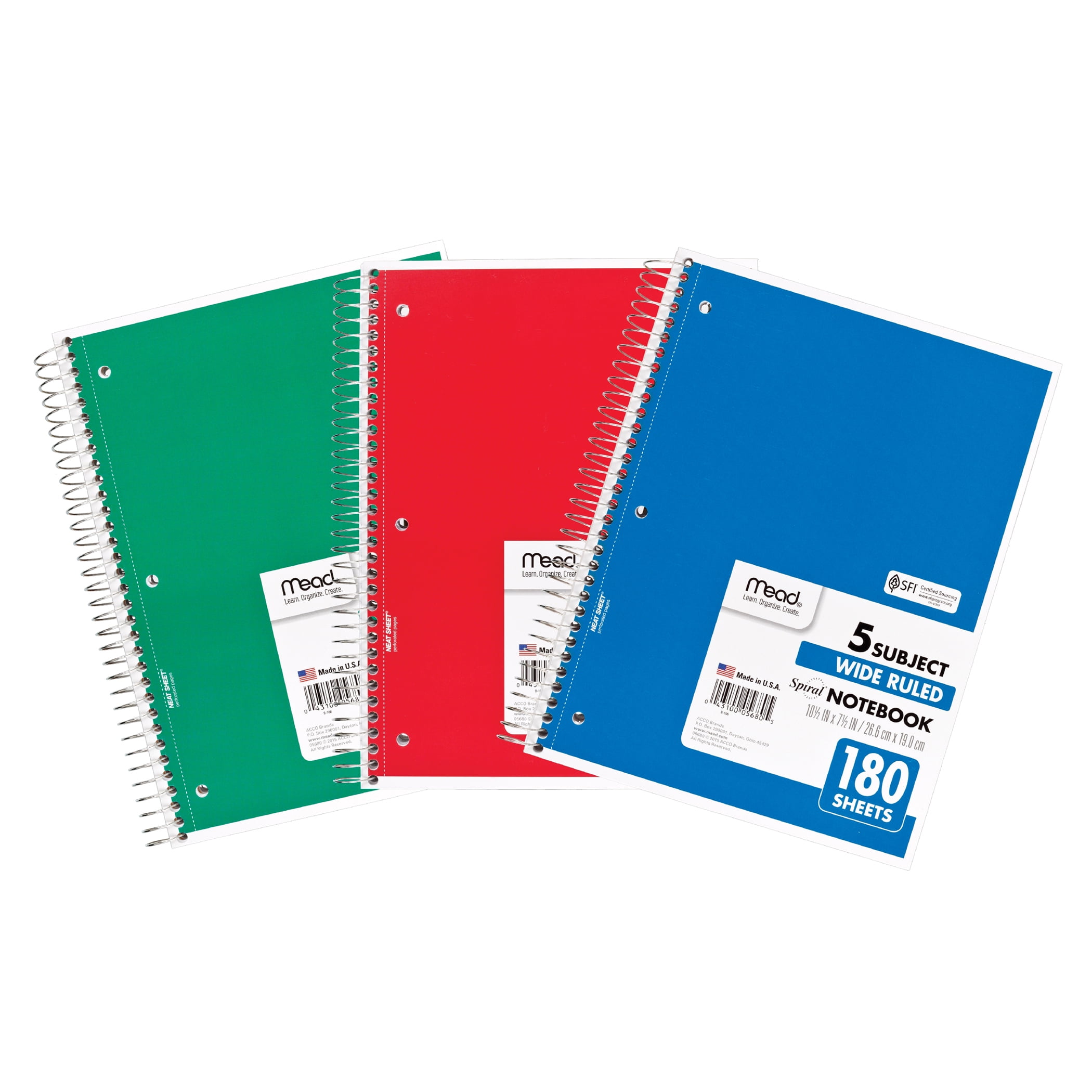 Mead Spiral 5 Subject Notebook, Wide Ruled, 180 Sheets Per Book, Pack of 3