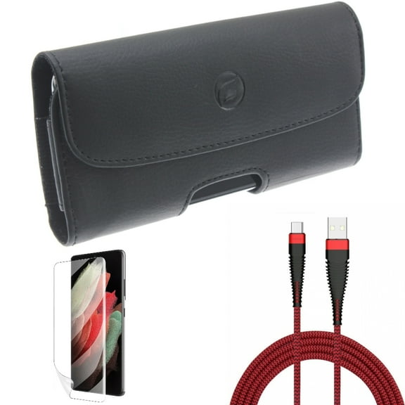 10ft USB Cable & Case Belt Clip & Matte Screen Protector for Samsung Galaxy S22 Plus (S22 ) - Combo Type-C Charger Cord Power & Leather Holster Cover & TPU Film Anti-Glare