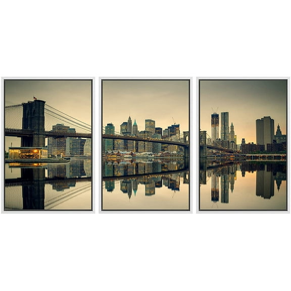 wall26 - 3 Piece Framed Canvas Wall Art - Brooklyn Bridge and Manhattan at Dusk, New York City - Modern Home Art Stretched and Framed Ready to Hang - 16"x24"x3 White
