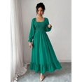 thumbnail image 3 of Emerald Green Square Neck Smocked Long Sleeve A-Line Ruffle Hem Midi Dress For Women, 3 of 6