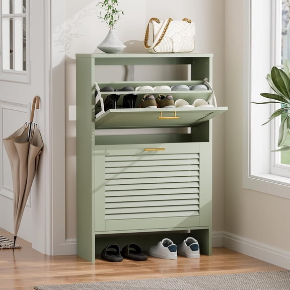Shoe Cabinet Storage, Hidden Shoe Organizer, Modern Freestanding Organizer with 2 Flip Drawers Louvered Shoe Cabinet for Entryway (Green, 2 Drawers)