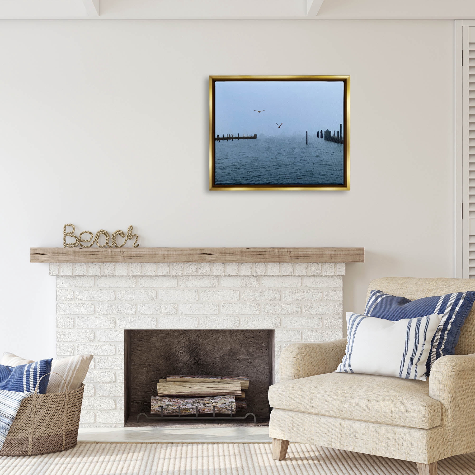 Stupell Industries Seagulls Over Ocean Dock Waters Coastal Photography Gold Floater Framed Art Print Wall Art