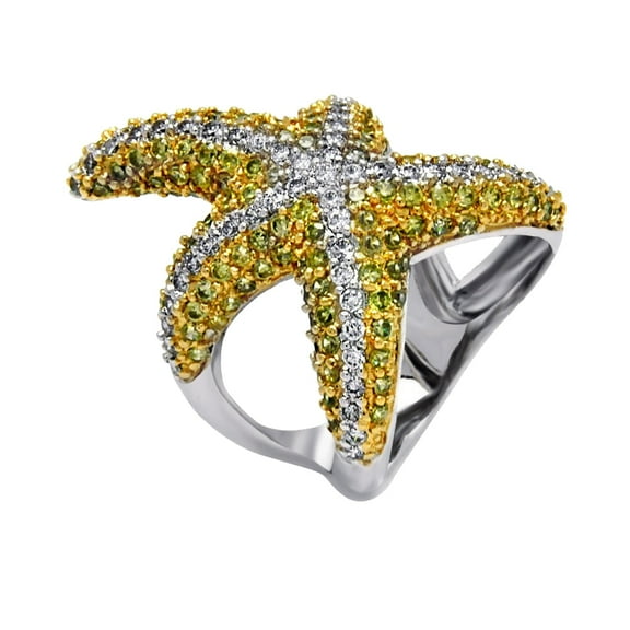 Rhodium & Gold Plated Sterling Silver Green & Clear Cubic Zirconia Starfish Ring White Female Size 9