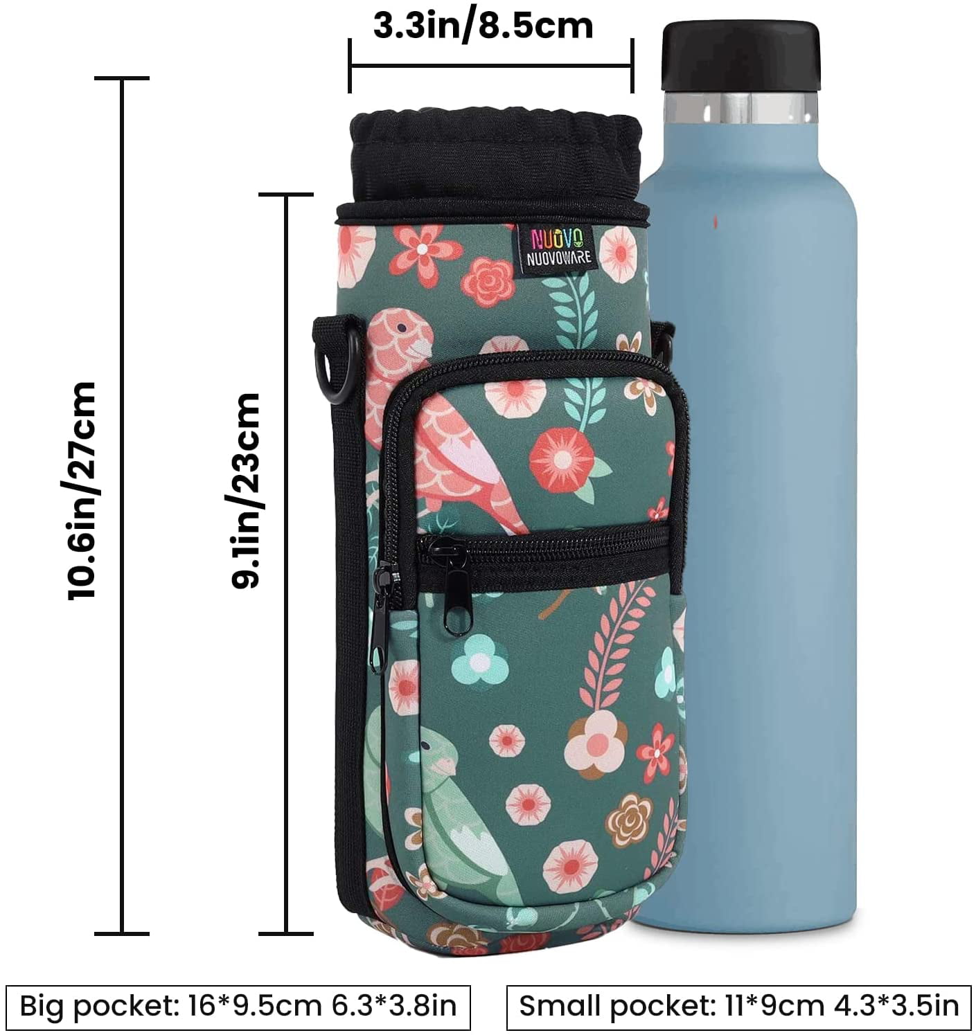 Nuovoware Water Bottle Carrier Bag Adjustable Shoulder Hand Strap 2 Pocket Sling Neoprene Sleeve Sports Water Bottle Accessories for Men Women Kids Hiking Travelling Camping Bottle Pouch Holder 